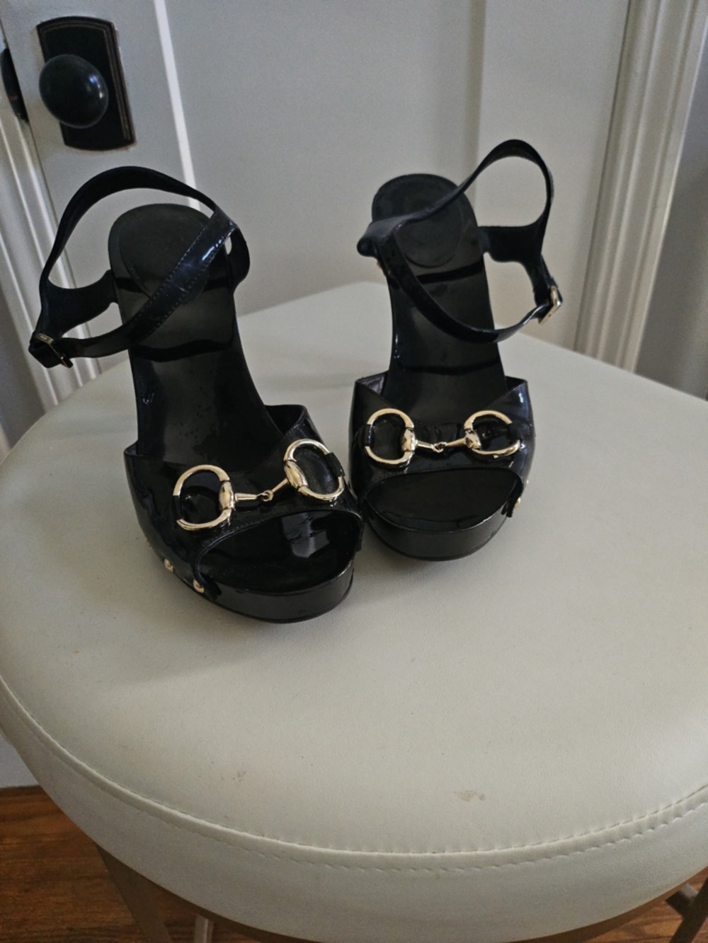 GUCCI Black Patent Platform Sandals with Gold Horsebit Accent